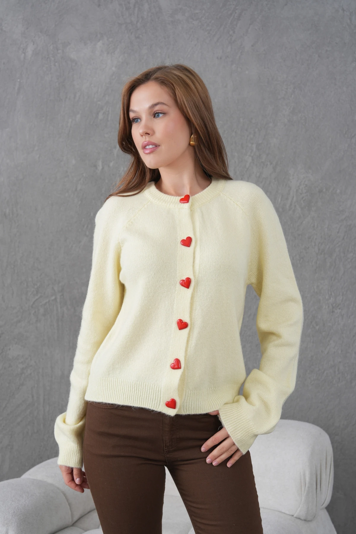 Kadın Bisiklet Yaka Kalp Düğme Detay Yumuşak Dokulu Triko Ceket 8569Sw