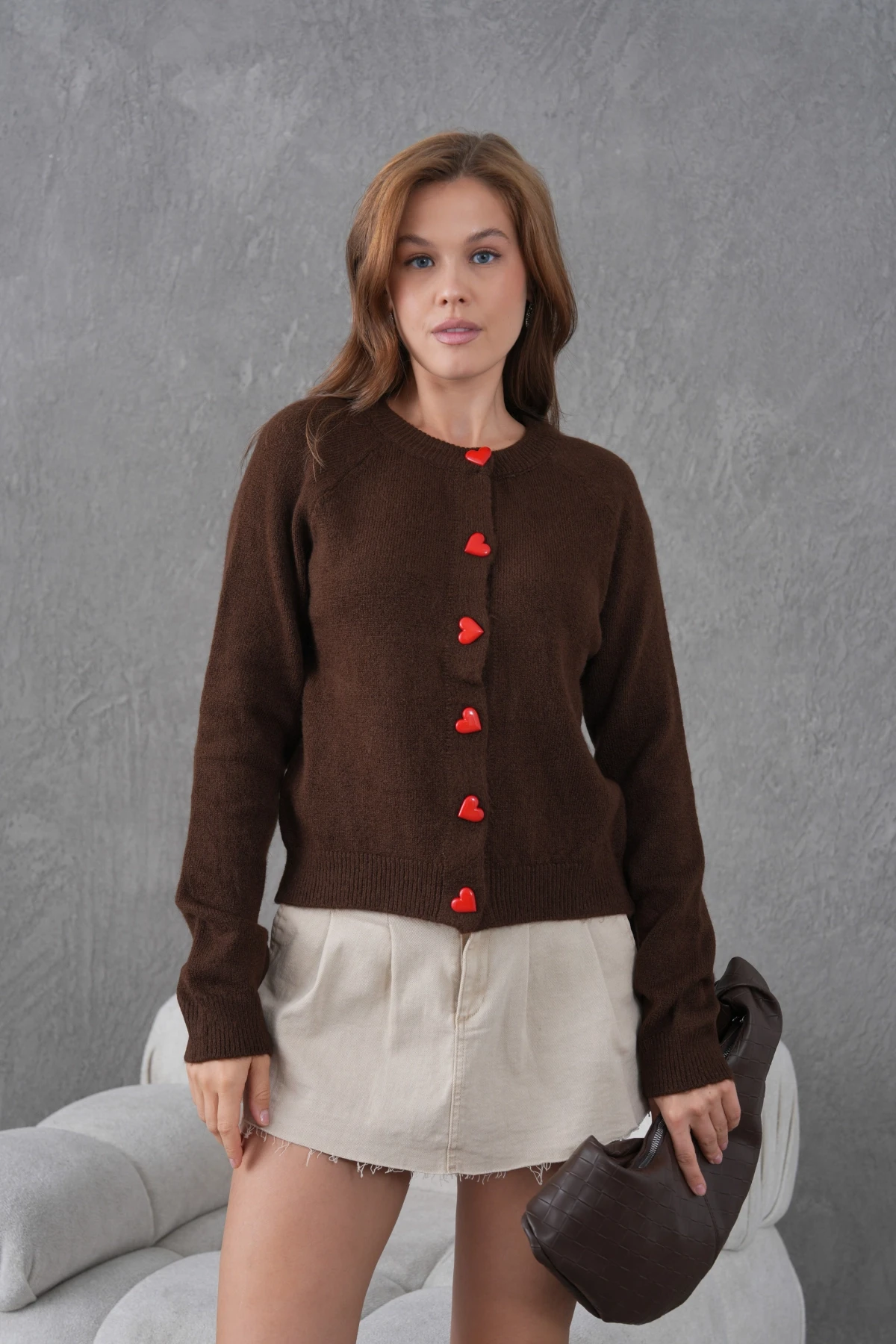 Kadın Bisiklet Yaka Kalp Düğme Detay Yumuşak Dokulu Triko Ceket 8569Sw