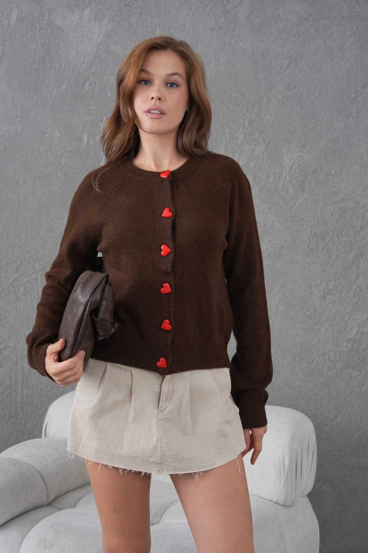 Kadın Bisiklet Yaka Kalp Düğme Detay Yumuşak Dokulu Triko Ceket 8569Sw