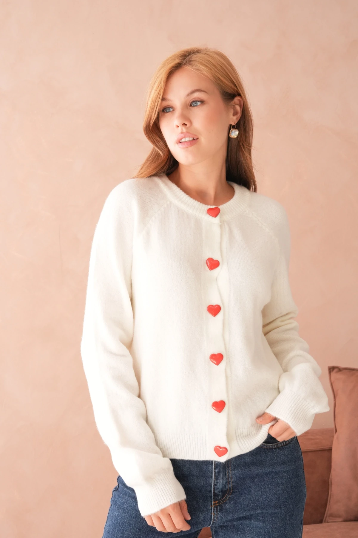 Kadın Bisiklet Yaka Kalp Düğme Detay Yumuşak Dokulu Triko Ceket 8569Sw