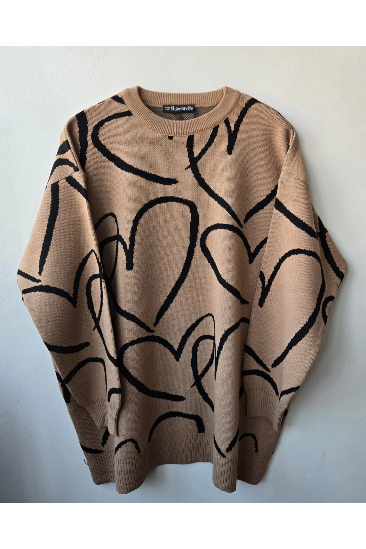 Kadın Bisiklet Yaka Kalp Örgü Detaylı Oversize Triko Tunik