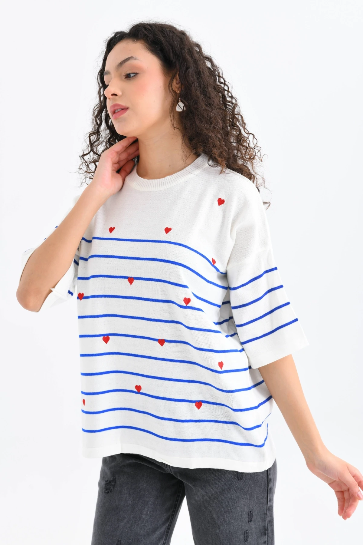 Kadın Bisiklet Yaka Kısa Kol Çizgili Kalp Nakışlı Triko Kazak 10163