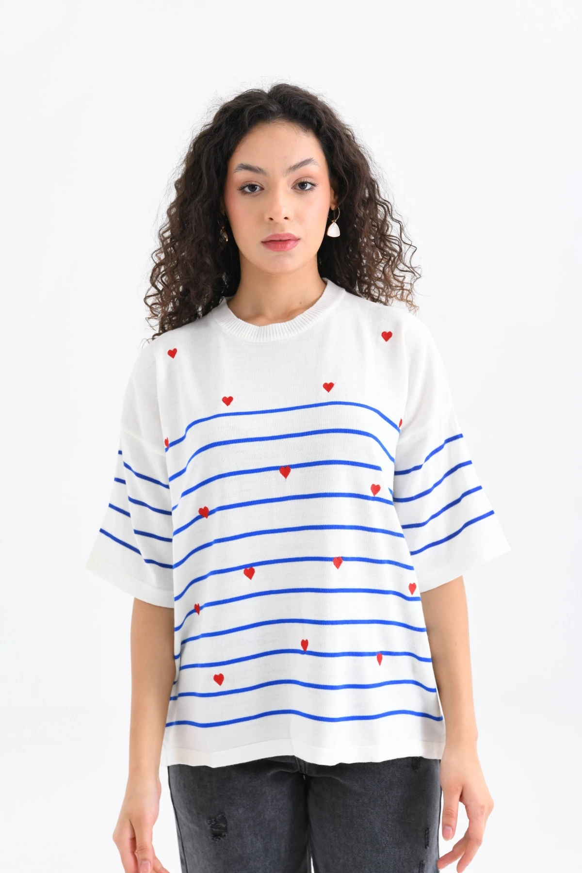 Kadın Bisiklet Yaka Kısa Kol Çizgili Kalp Nakışlı Triko Kazak 10163