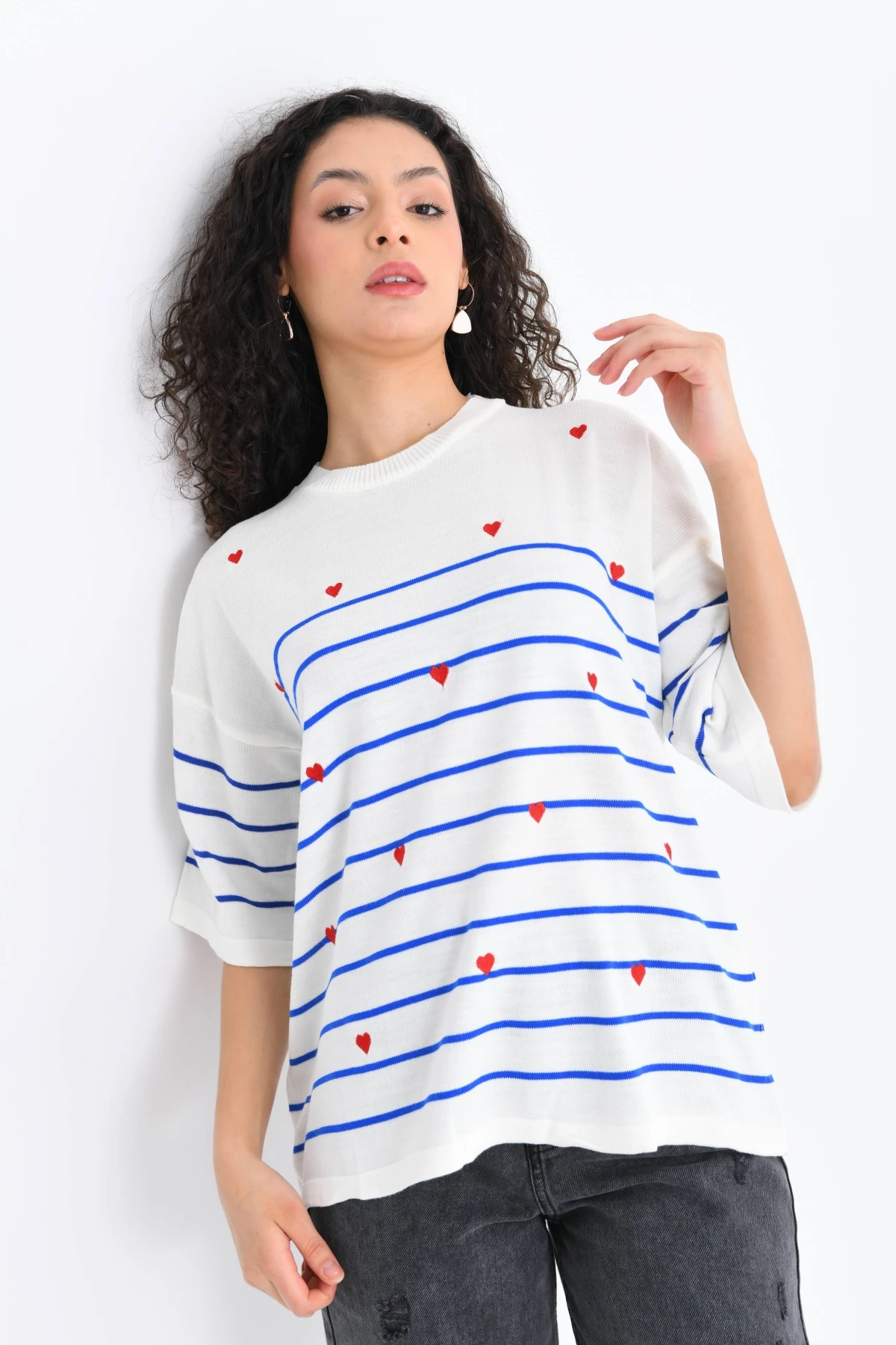 Kadın Bisiklet Yaka Kısa Kol Çizgili Kalp Nakışlı Triko Kazak 10163