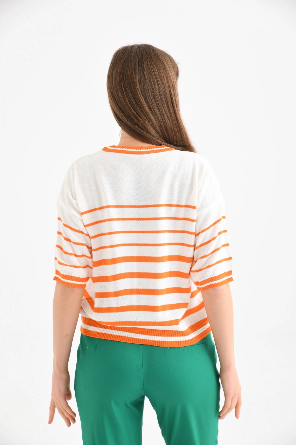 Kadın Bisiklet Yaka Kısa Kol Çizgili Triko Kazak 10055