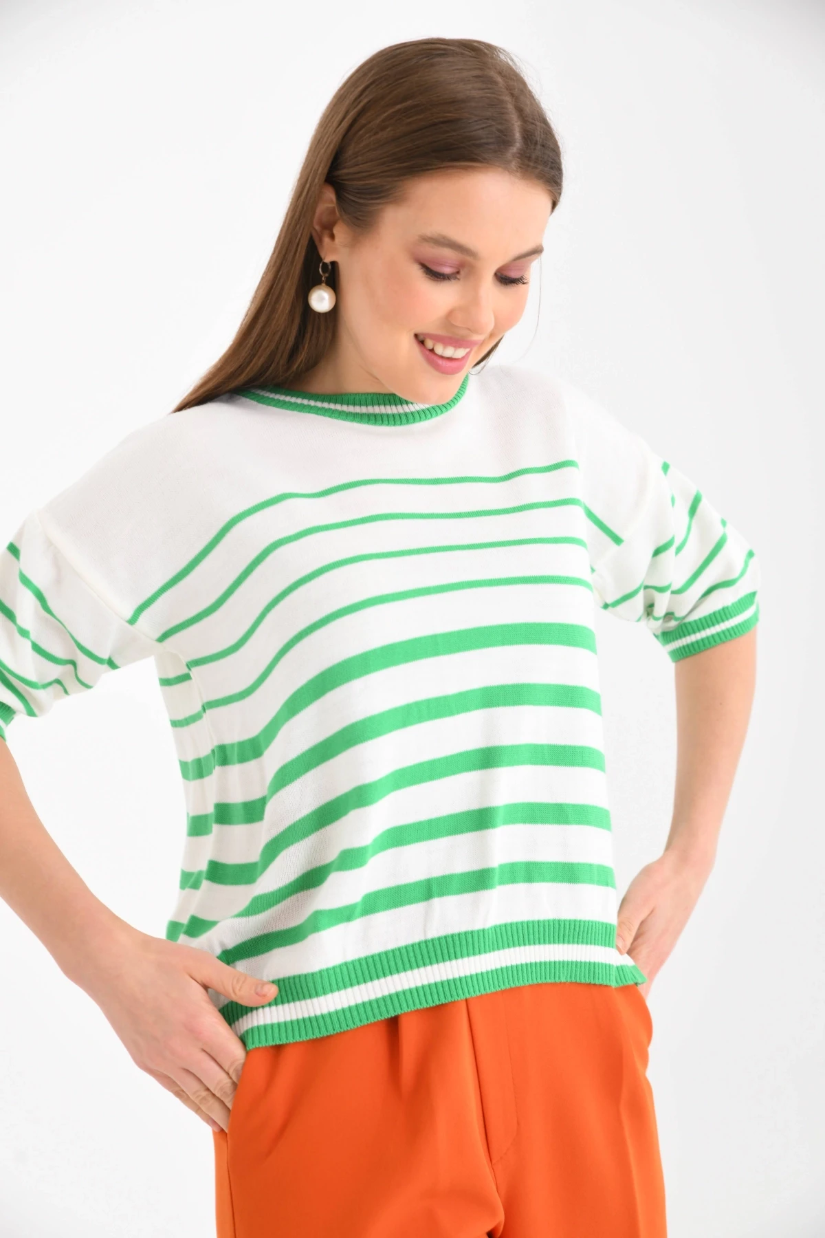 Kadın Bisiklet Yaka Kısa Kol Çizgili Triko Kazak 10055