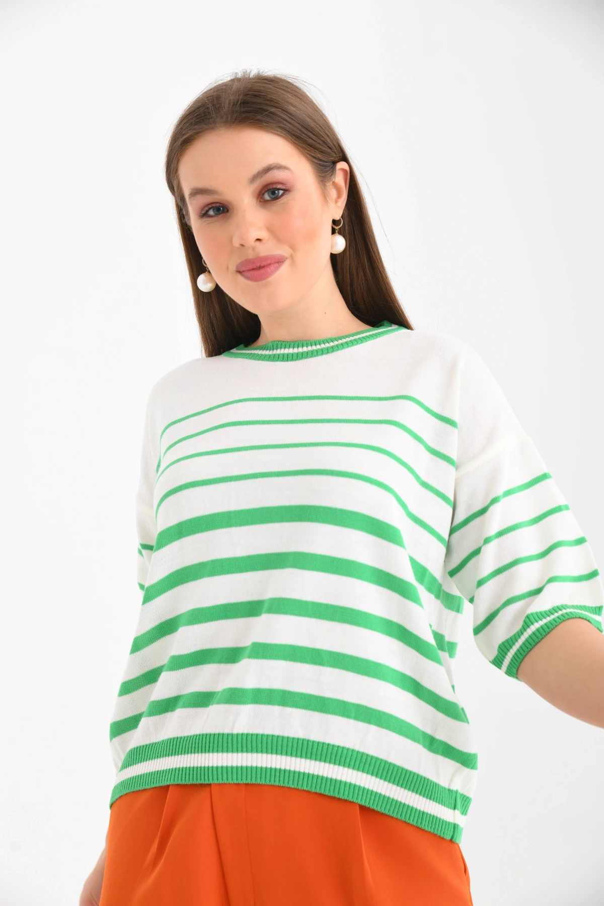 Kadın Bisiklet Yaka Kısa Kol Çizgili Triko Kazak 10055