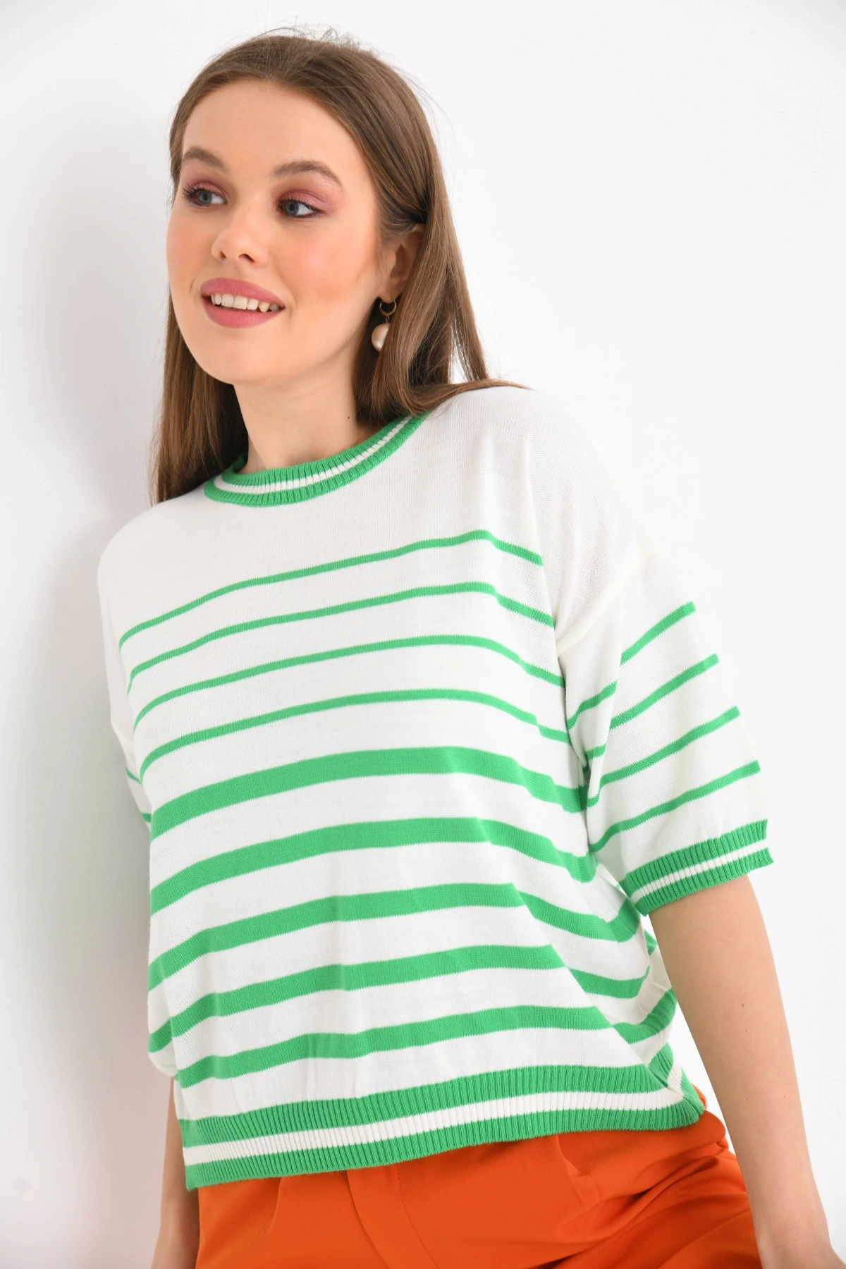Kadın Bisiklet Yaka Kısa Kol Çizgili Triko Kazak 10055