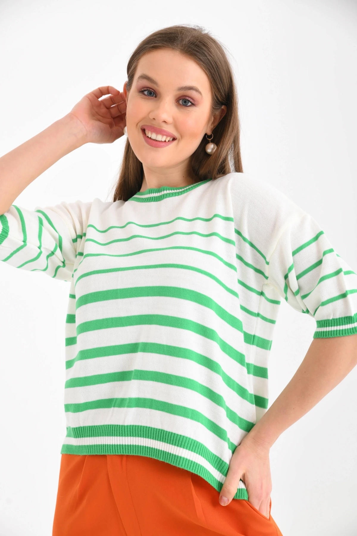 Kadın Bisiklet Yaka Kısa Kol Çizgili Triko Kazak 10055