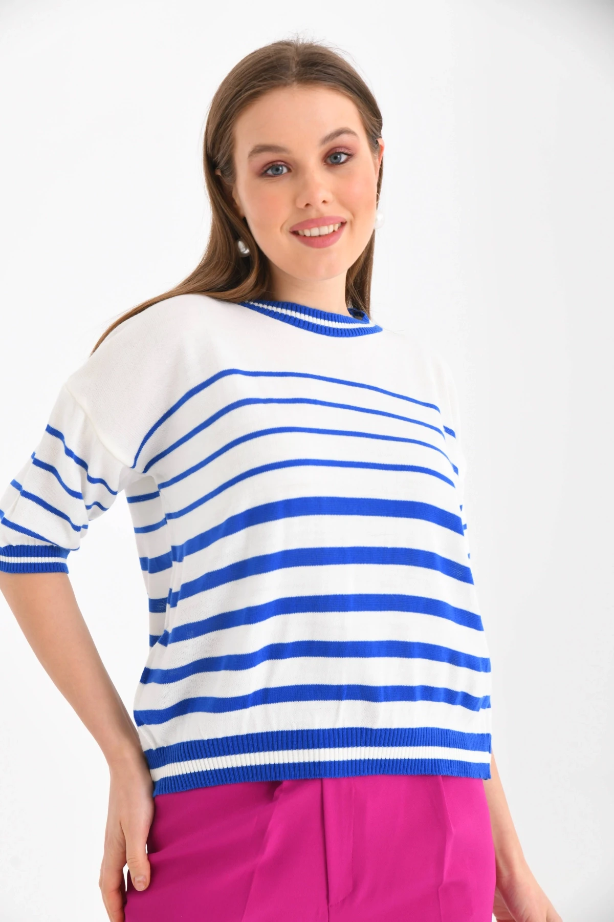 Kadın Bisiklet Yaka Kısa Kol Çizgili Triko Kazak 10055