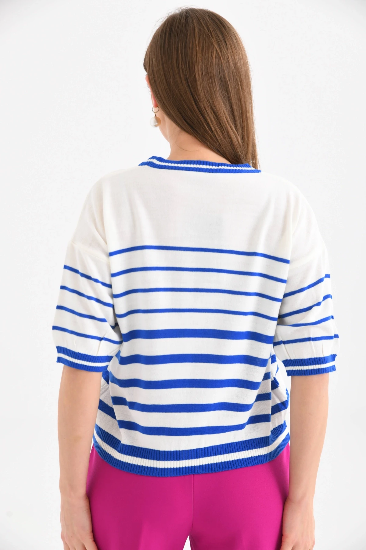 Kadın Bisiklet Yaka Kısa Kol Çizgili Triko Kazak 10055