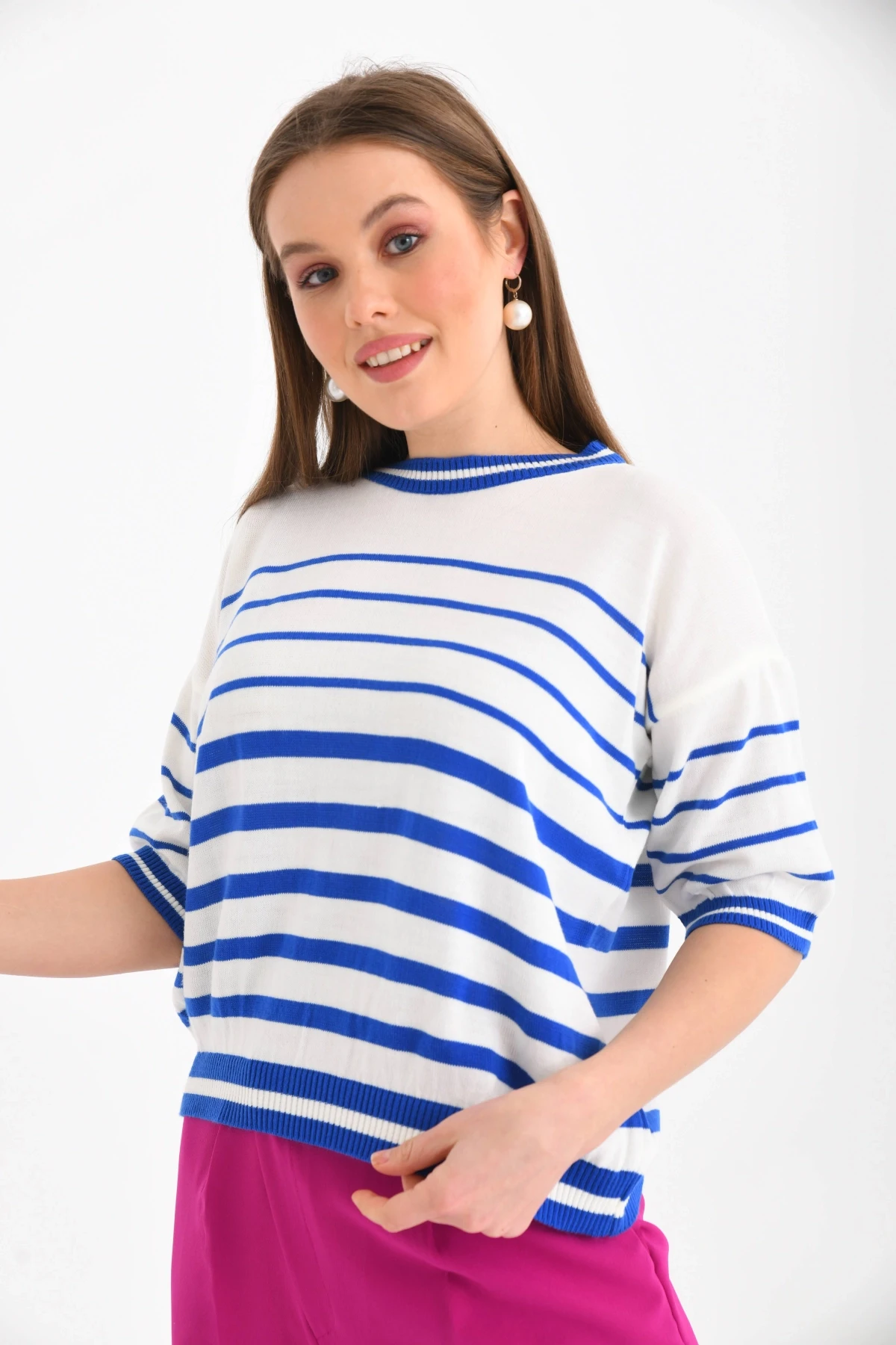 Kadın Bisiklet Yaka Kısa Kol Çizgili Triko Kazak 10055