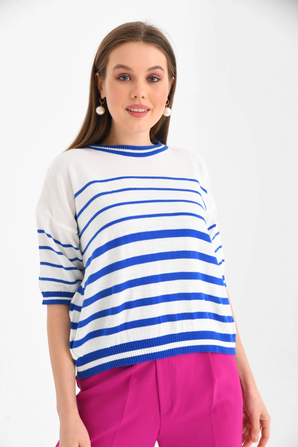 Kadın Bisiklet Yaka Kısa Kol Çizgili Triko Kazak 10055