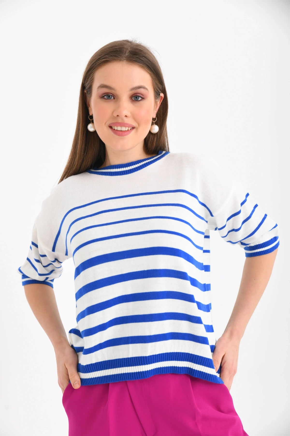 Kadın Bisiklet Yaka Kısa Kol Çizgili Triko Kazak 10055