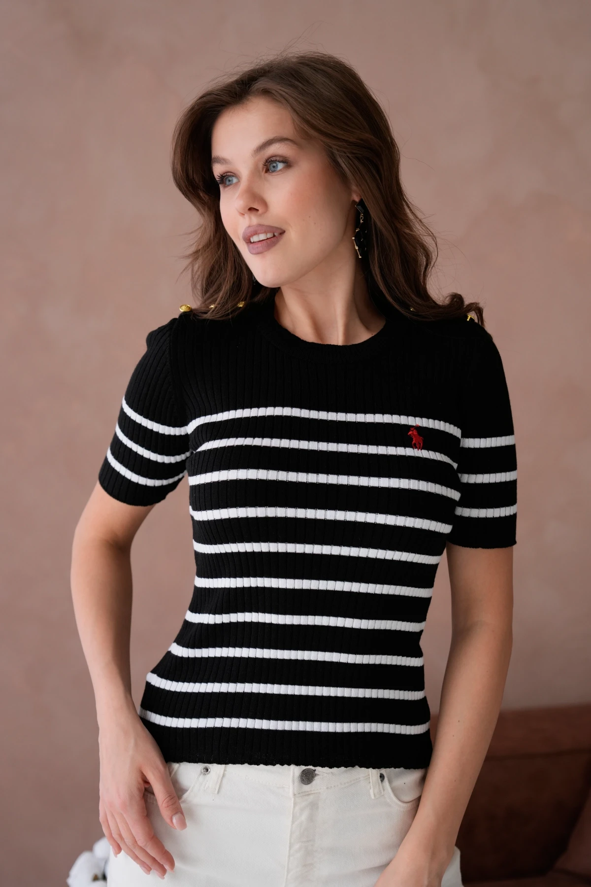 Kadın Bisiklet Yaka Kısa Kol Çizgili Triko Kazak 10068.Ctn