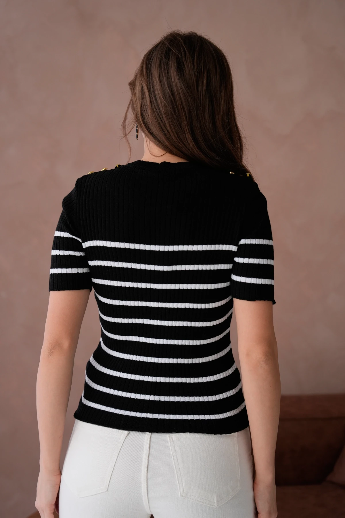 Kadın Bisiklet Yaka Kısa Kol Çizgili Triko Kazak 10068.Ctn