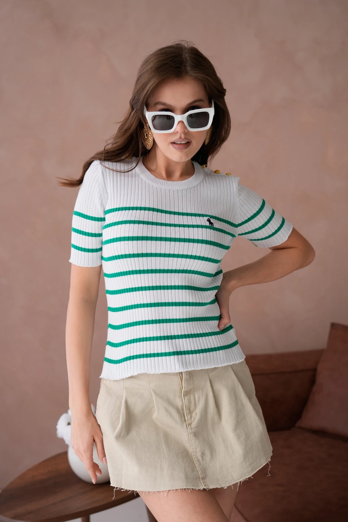 Kadın Bisiklet Yaka Kısa Kol Çizgili Triko Kazak 10068.Ctn