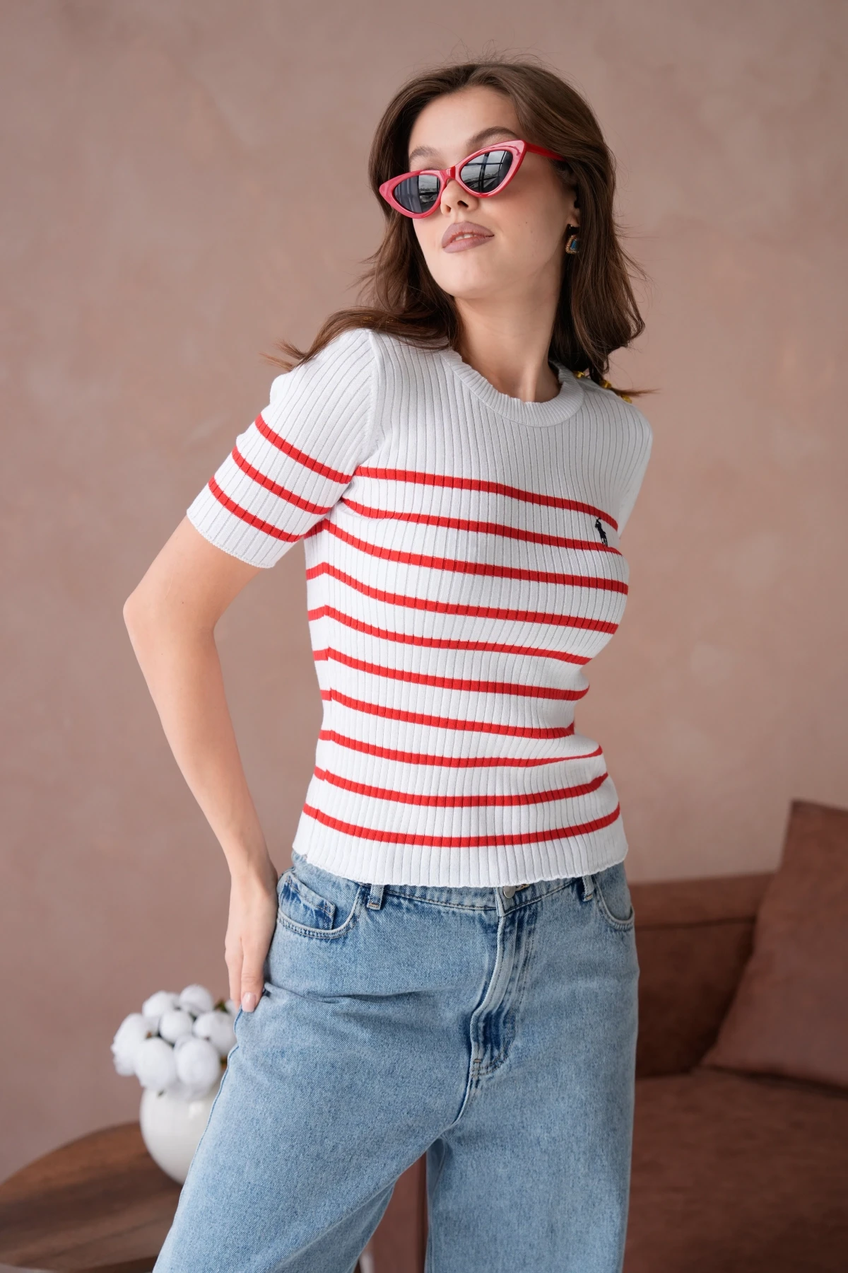 Kadın Bisiklet Yaka Kısa Kol Çizgili Triko Kazak 10068.Ctn