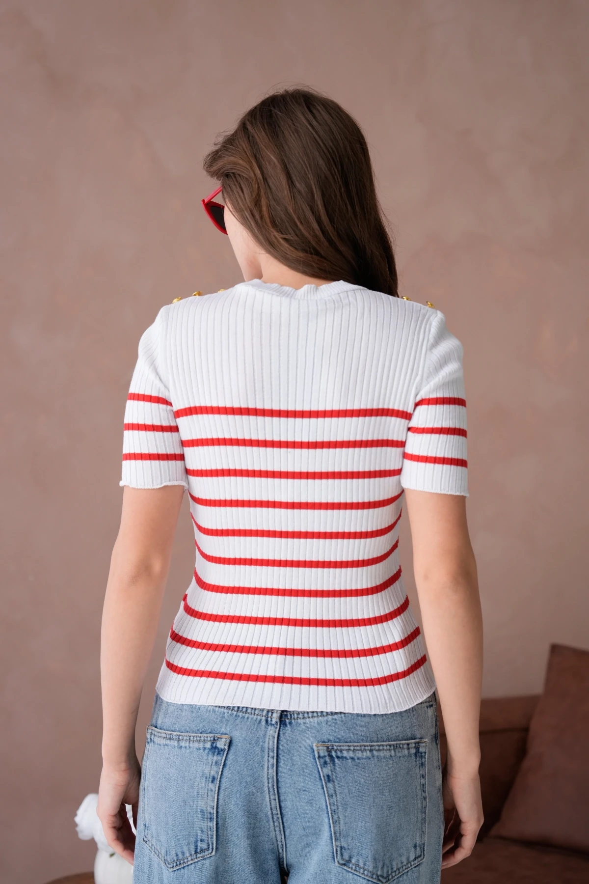 Kadın Bisiklet Yaka Kısa Kol Çizgili Triko Kazak 10068.Ctn
