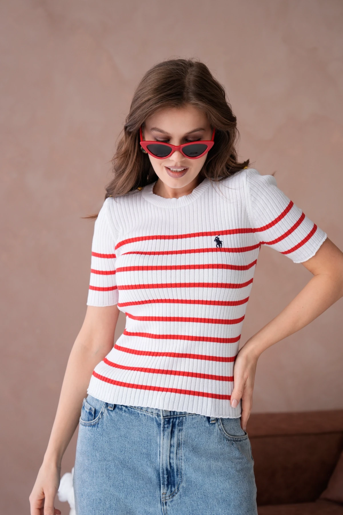 Kadın Bisiklet Yaka Kısa Kol Çizgili Triko Kazak 10068.Ctn