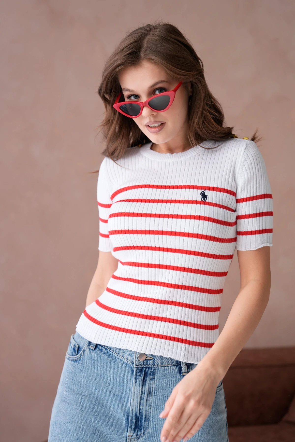 Kadın Bisiklet Yaka Kısa Kol Çizgili Triko Kazak 10068.Ctn