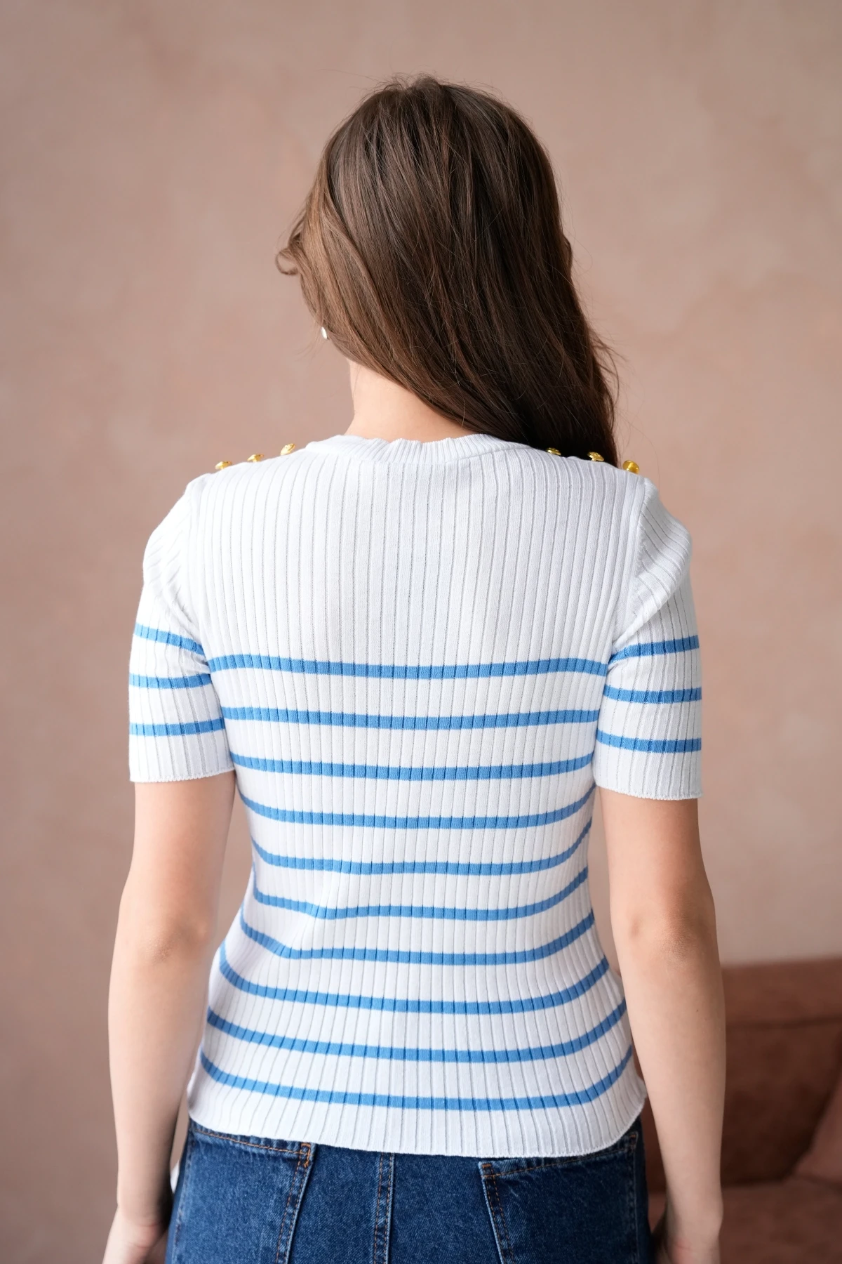 Kadın Bisiklet Yaka Kısa Kol Çizgili Triko Kazak 10068.Ctn