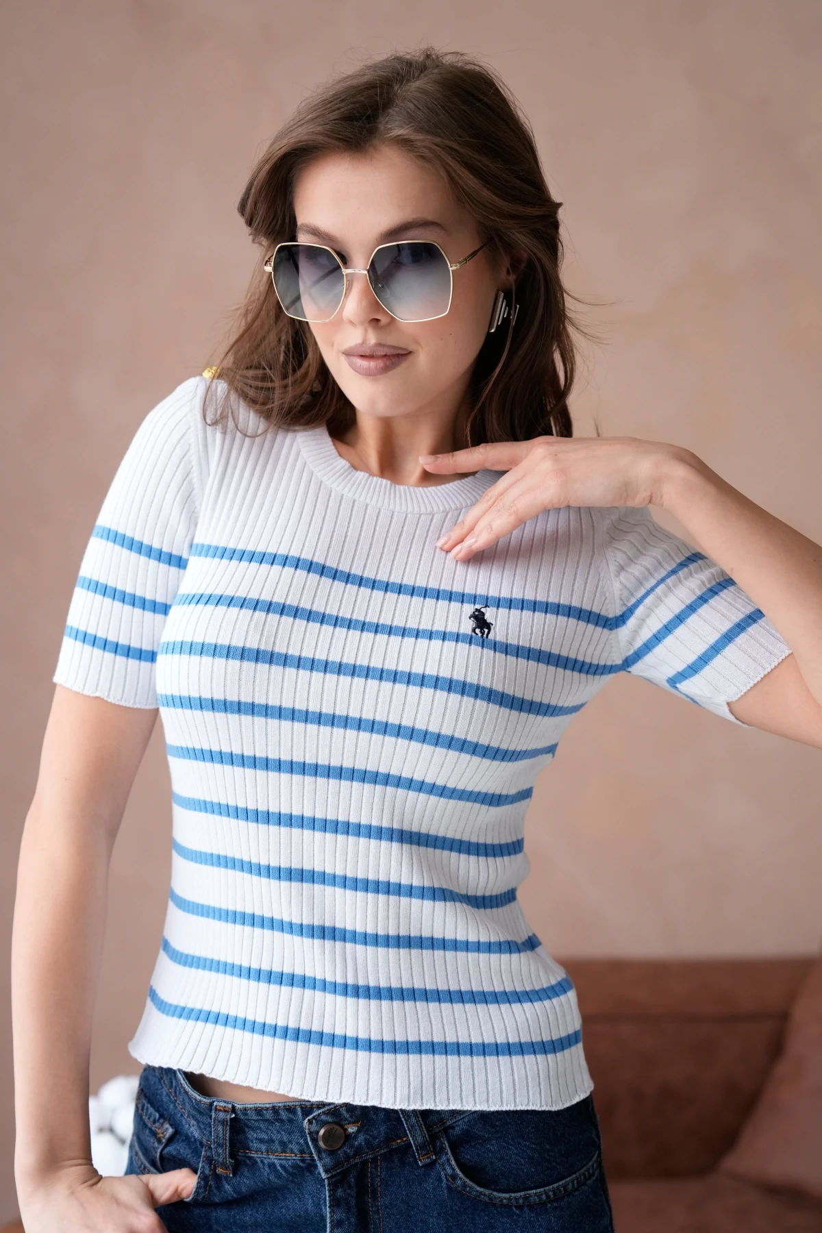 Kadın Bisiklet Yaka Kısa Kol Çizgili Triko Kazak 10068.Ctn