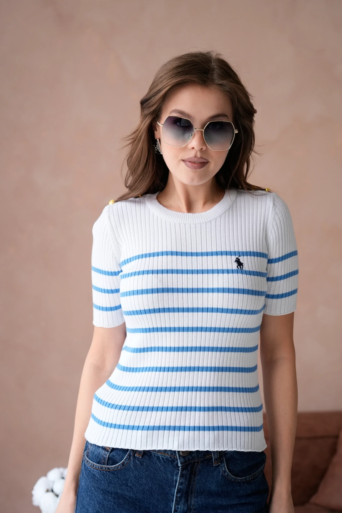 Kadın Bisiklet Yaka Kısa Kol Çizgili Triko Kazak 10068.Ctn