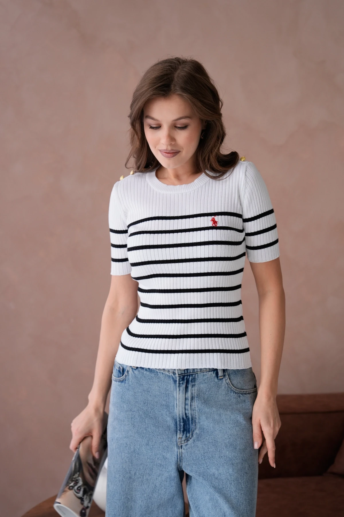 Kadın Bisiklet Yaka Kısa Kol Çizgili Triko Kazak 10068.Ctn