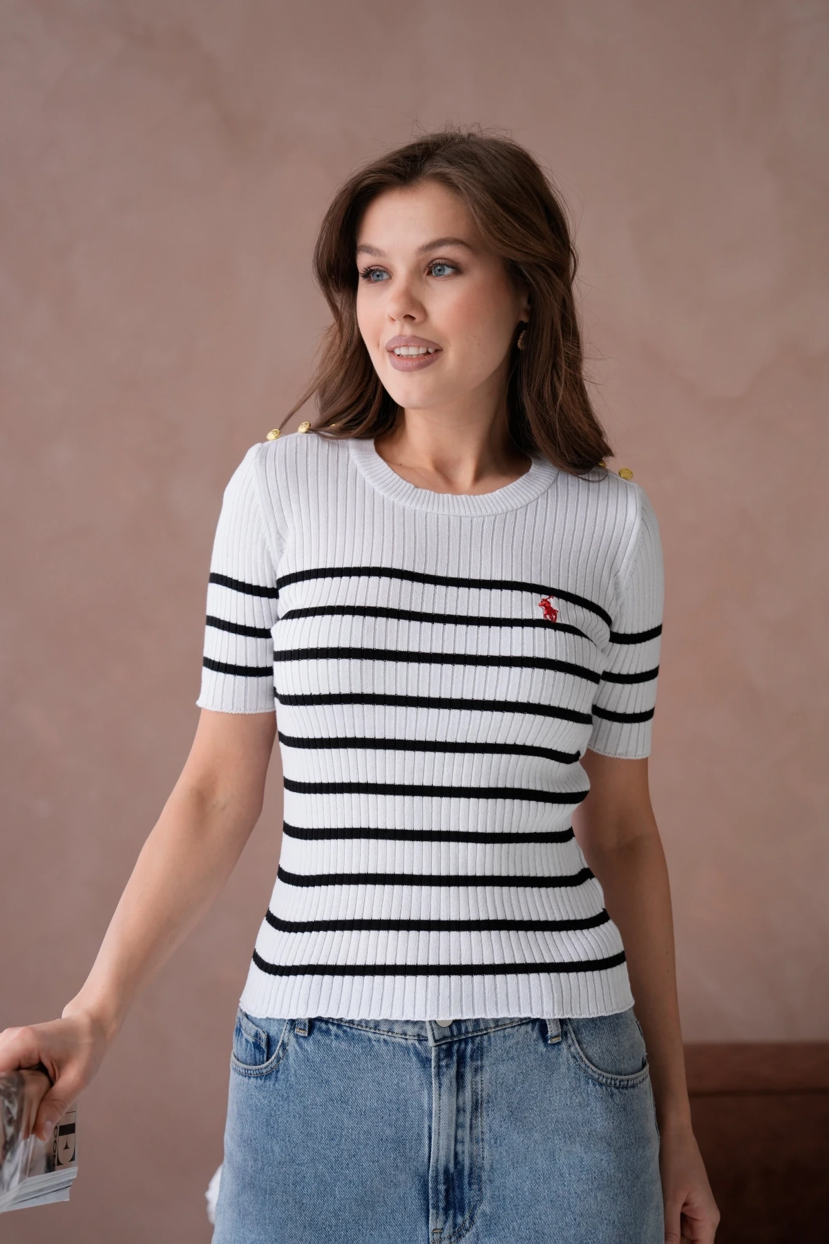 Kadın Bisiklet Yaka Kısa Kol Çizgili Triko Kazak 10068.Ctn