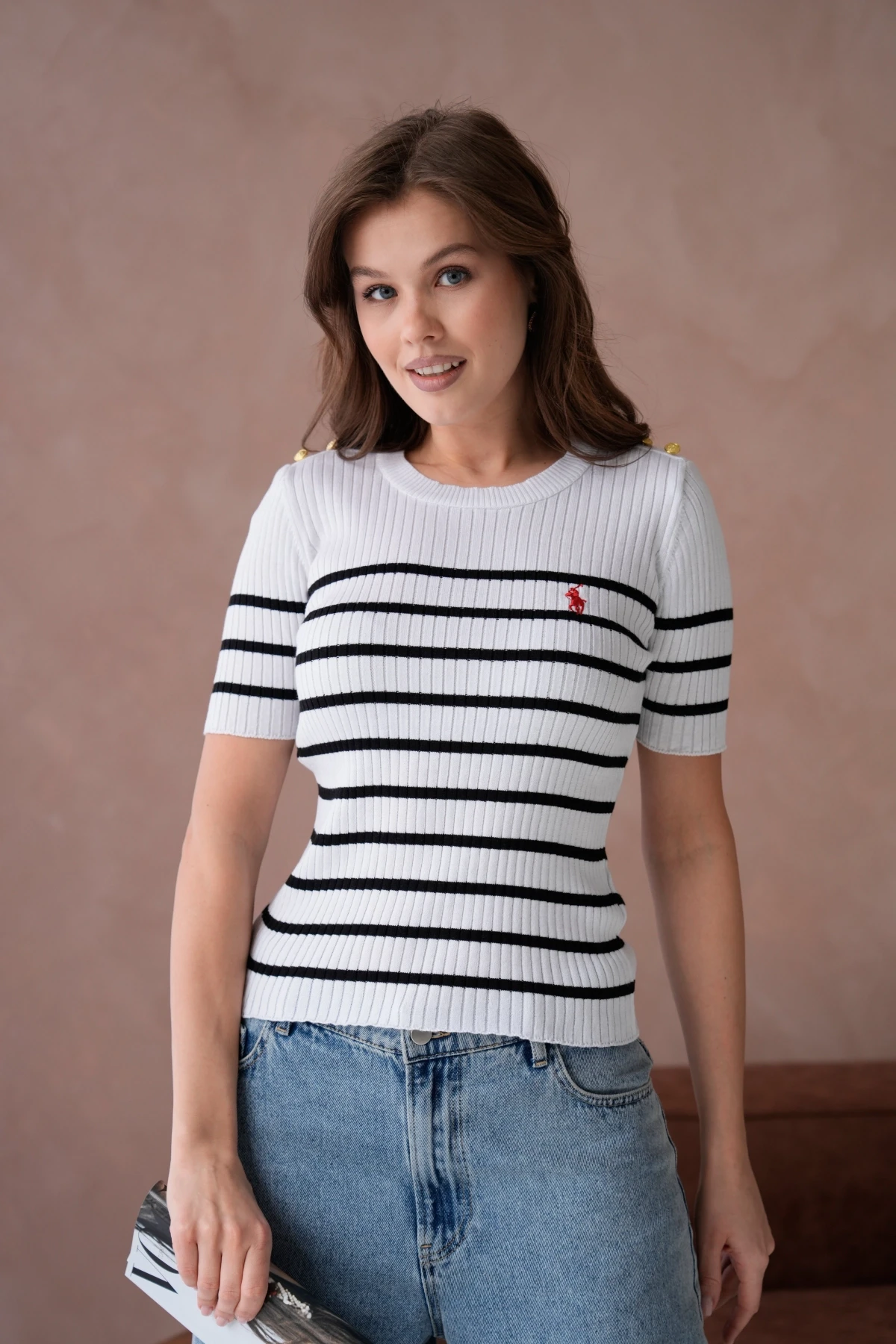 Kadın Bisiklet Yaka Kısa Kol Çizgili Triko Kazak 10068.Ctn
