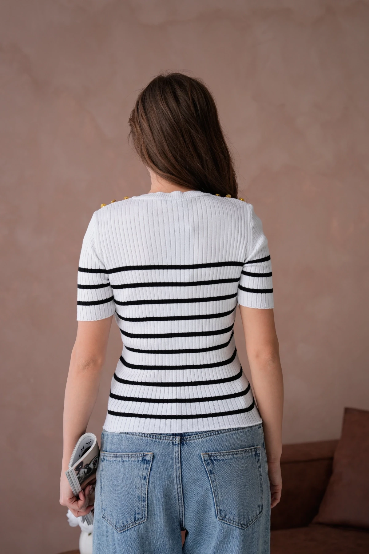 Kadın Bisiklet Yaka Kısa Kol Çizgili Triko Kazak 10068.Ctn