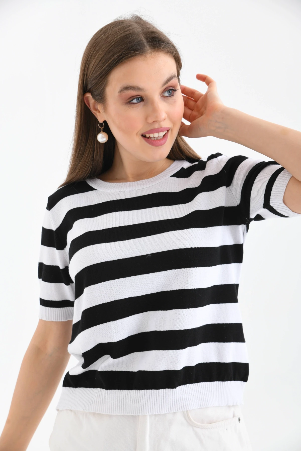 Kadın Bisiklet Yaka Kısa Kol Çizgili Triko Kazak 10072.Ctn