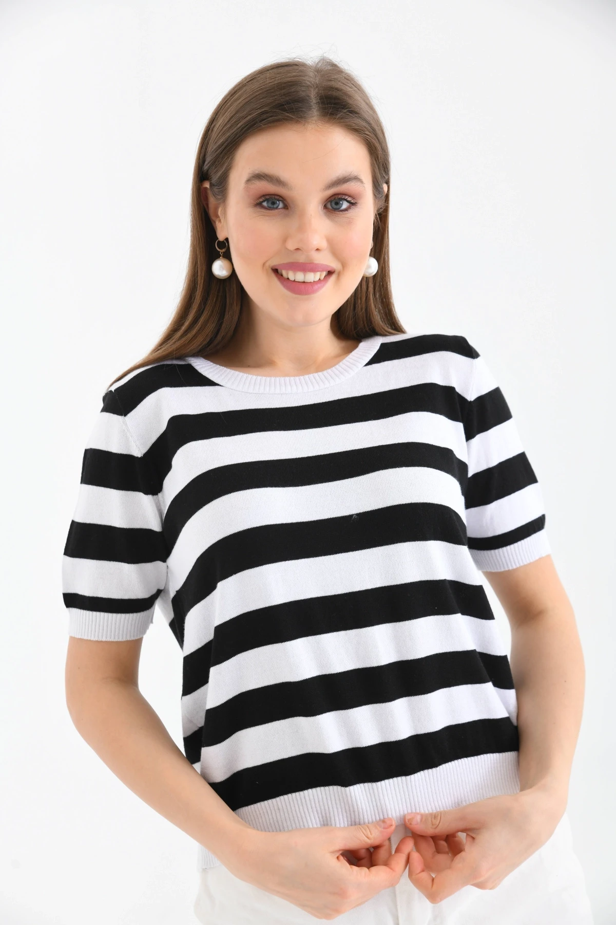 Kadın Bisiklet Yaka Kısa Kol Çizgili Triko Kazak 10072.Ctn