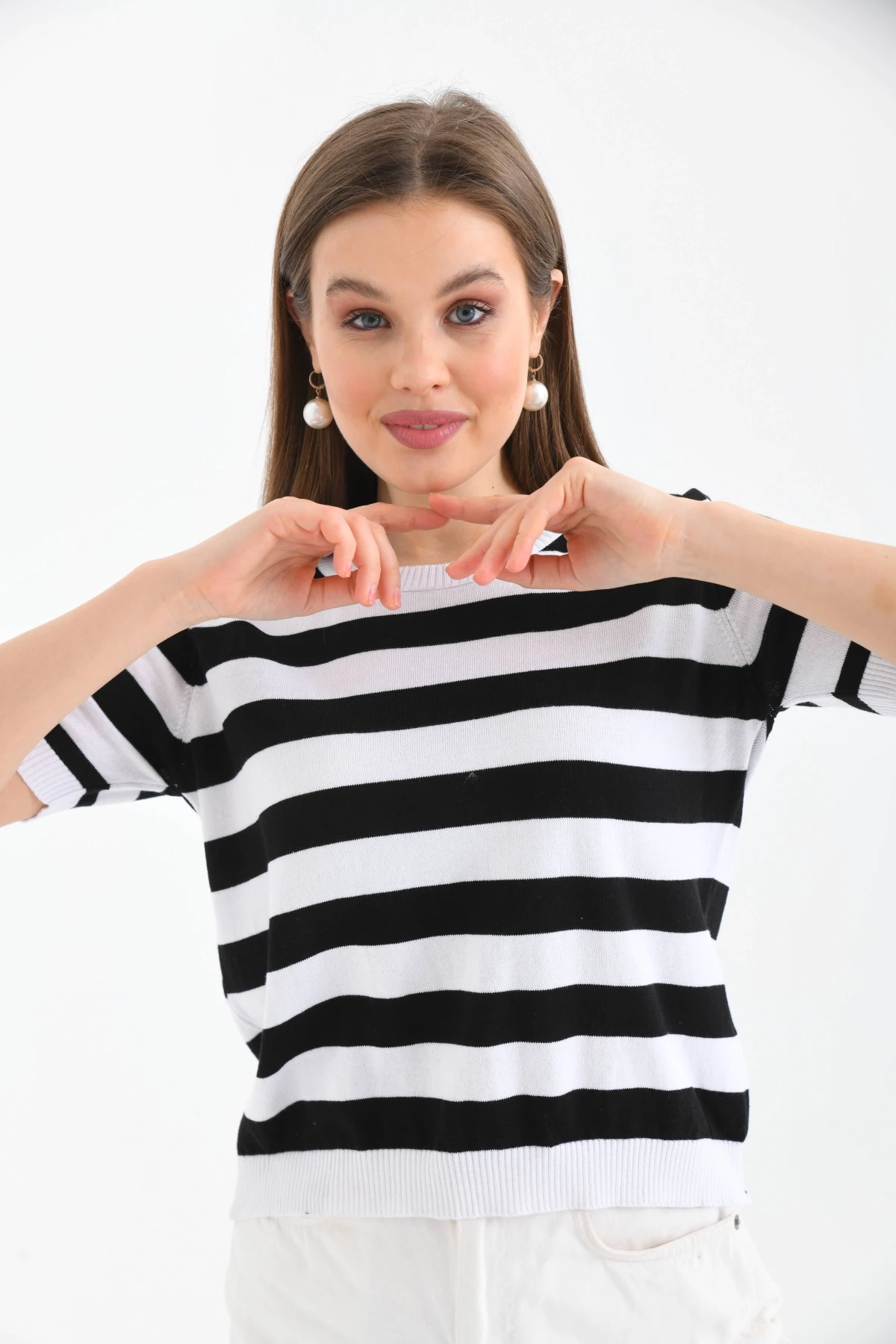 Kadın Bisiklet Yaka Kısa Kol Çizgili Triko Kazak 10072.Ctn