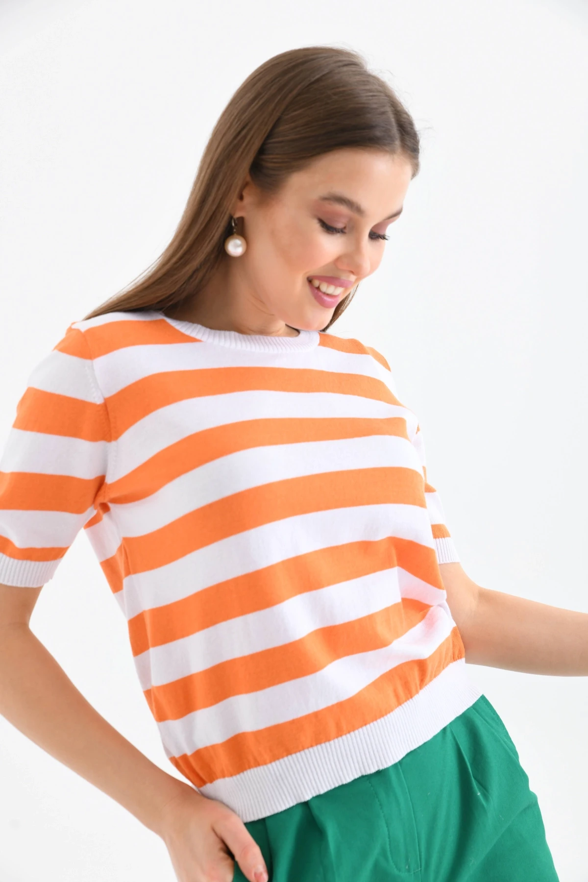 Kadın Bisiklet Yaka Kısa Kol Çizgili Triko Kazak 10072.Ctn