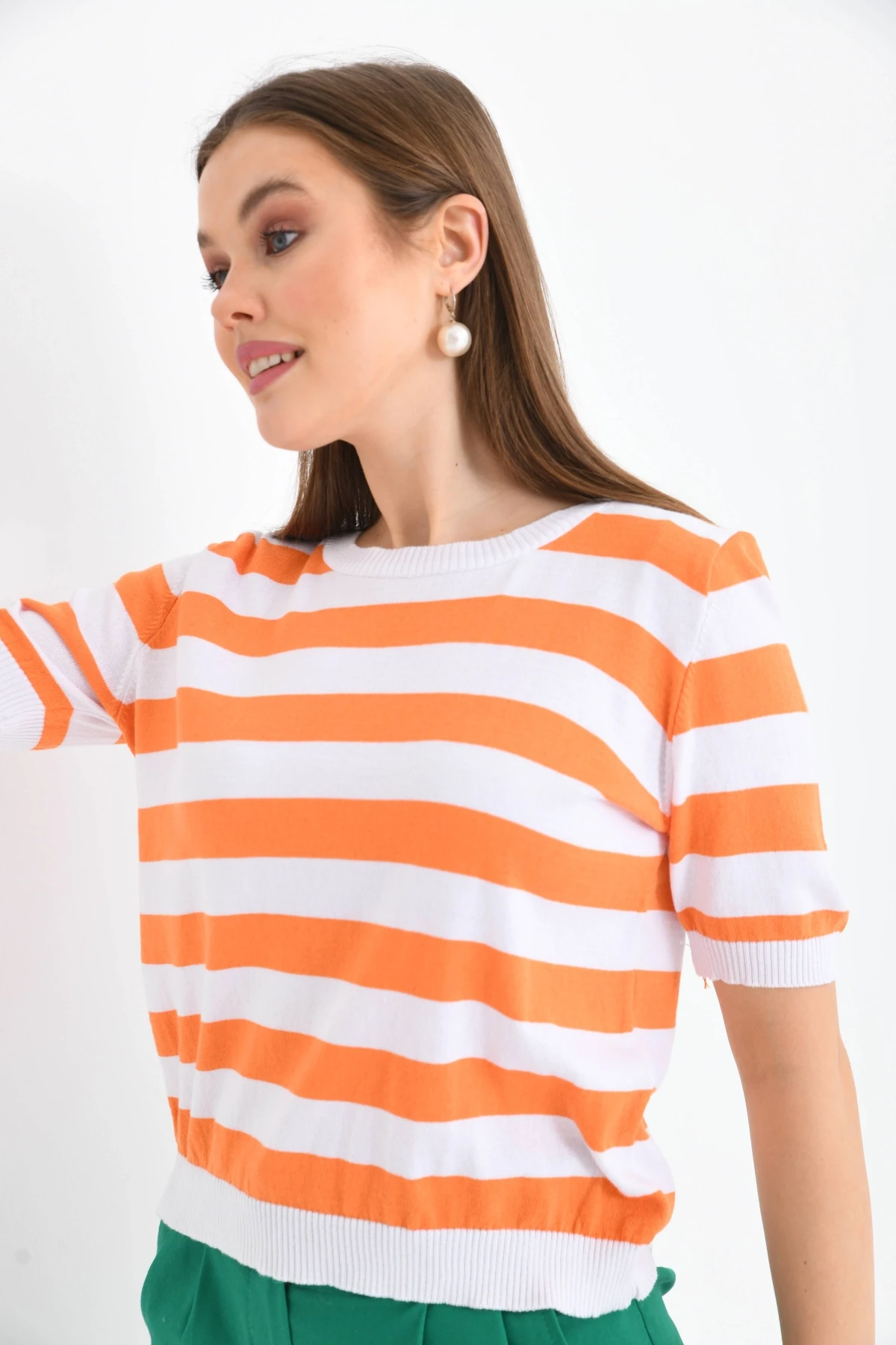 Kadın Bisiklet Yaka Kısa Kol Çizgili Triko Kazak 10072.Ctn