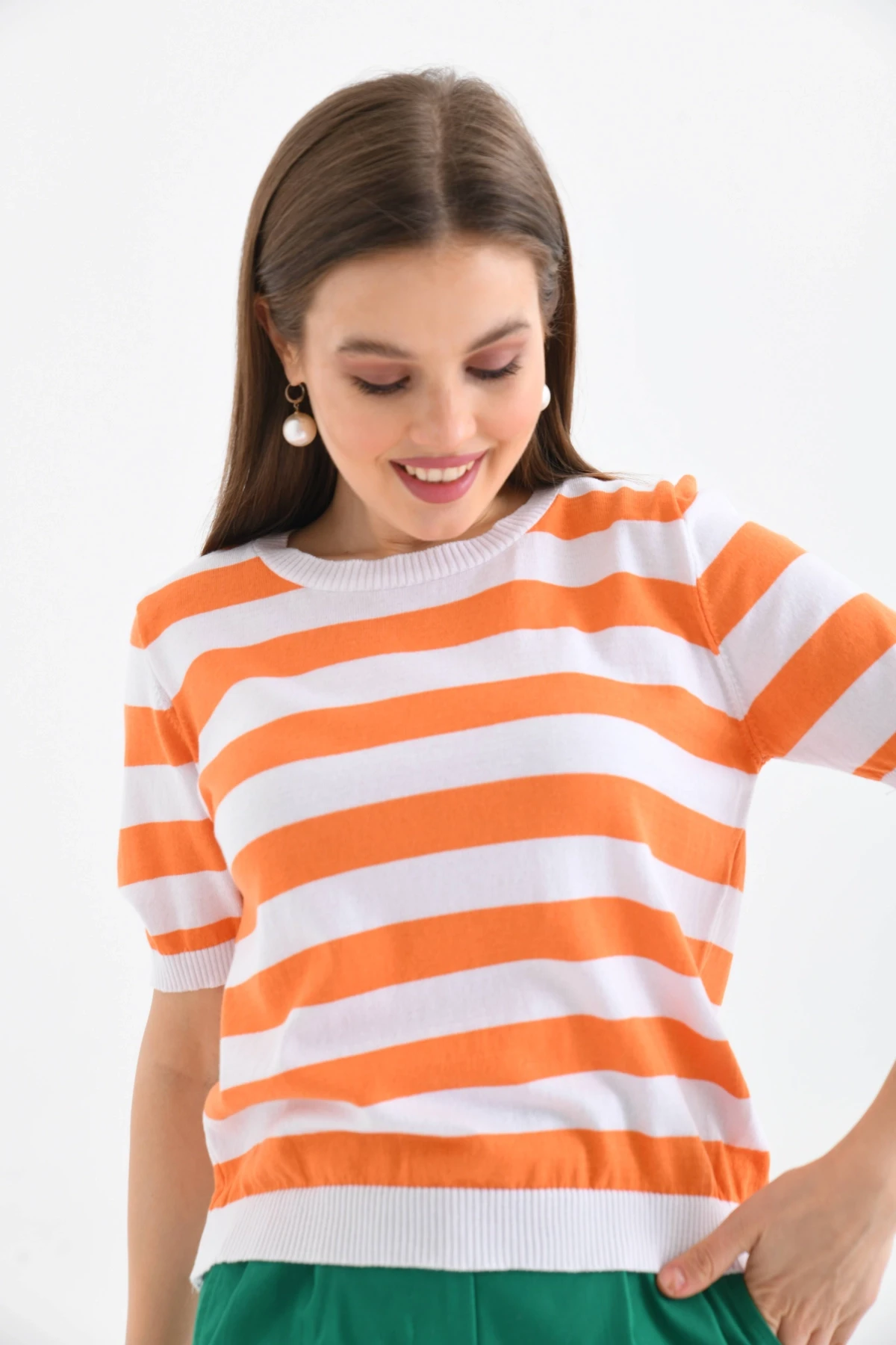 Kadın Bisiklet Yaka Kısa Kol Çizgili Triko Kazak 10072.Ctn