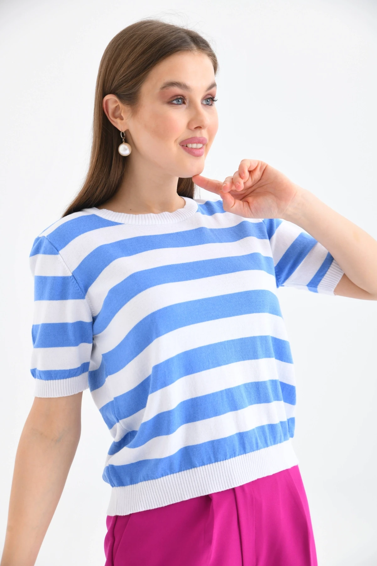 Kadın Bisiklet Yaka Kısa Kol Çizgili Triko Kazak 10072.Ctn