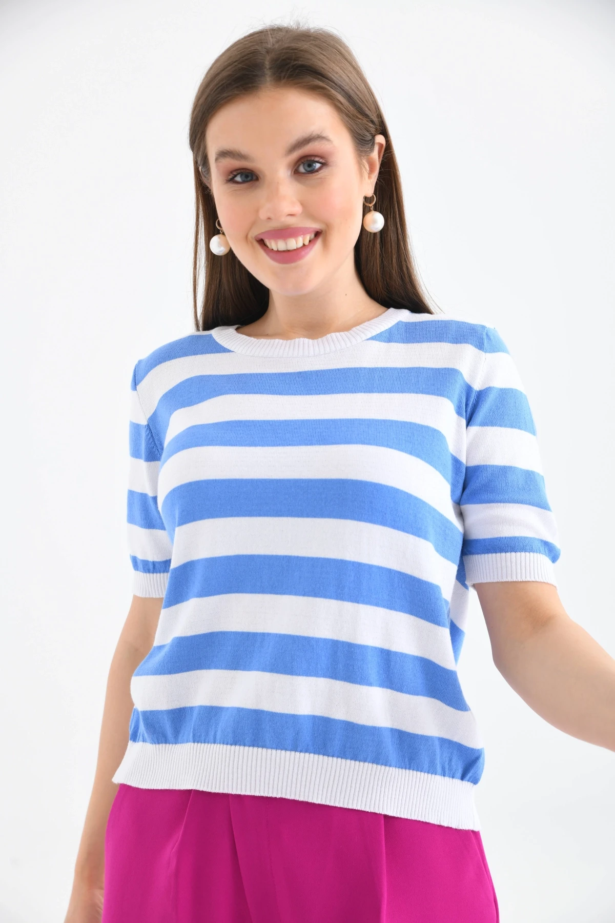 Kadın Bisiklet Yaka Kısa Kol Çizgili Triko Kazak 10072.Ctn