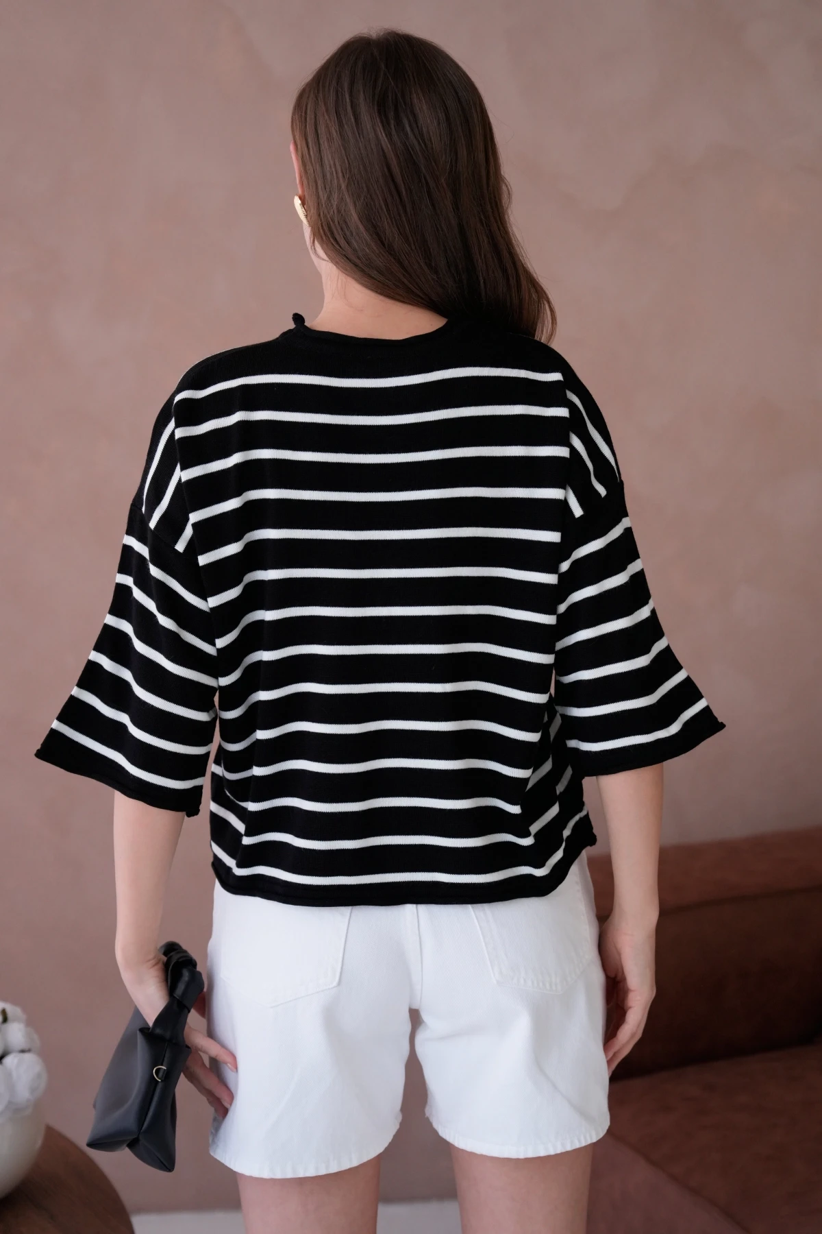 Kadın Bisiklet Yaka Kısa Kol Çizgili Triko Kazak 10076