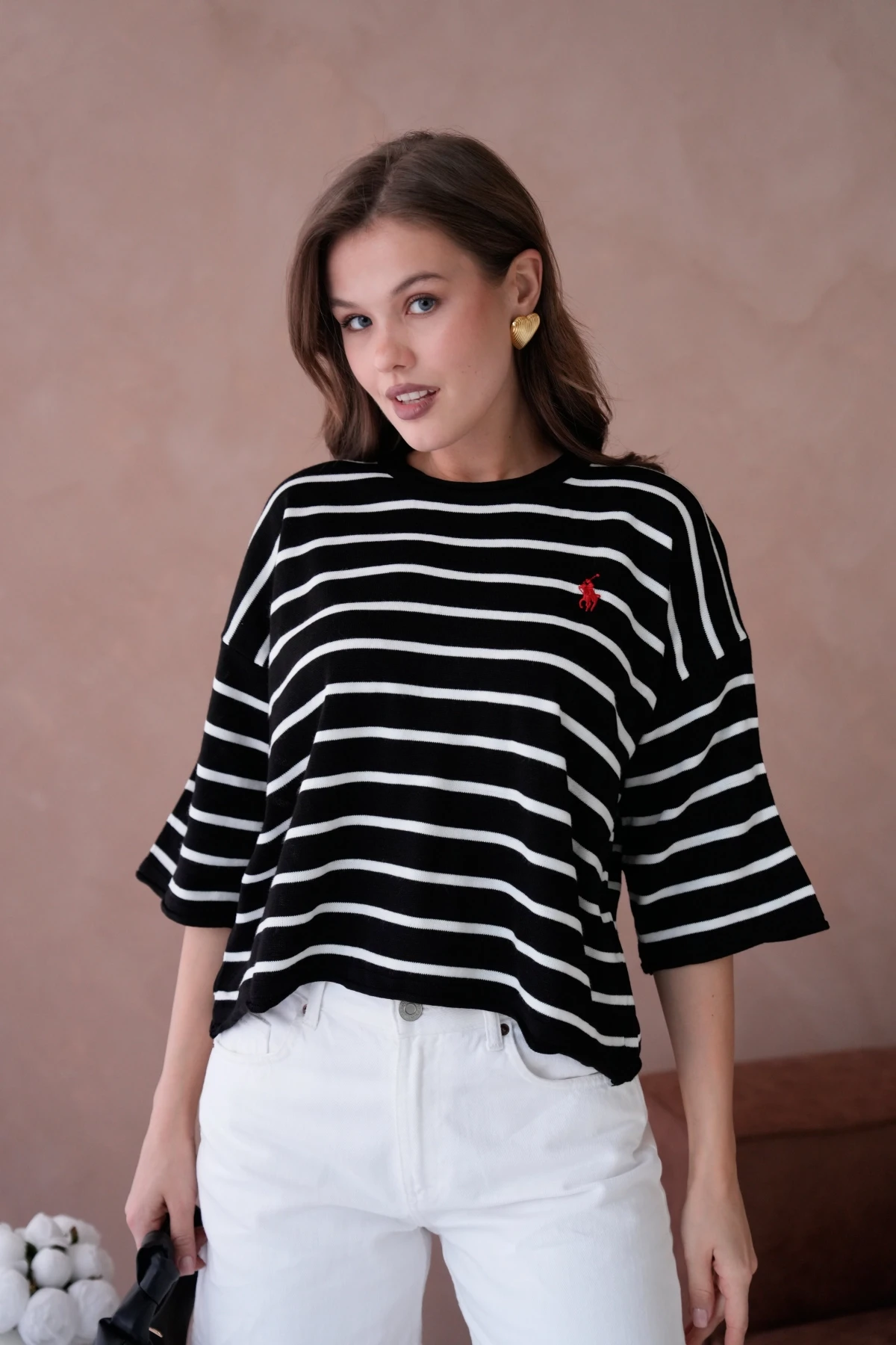 Kadın Bisiklet Yaka Kısa Kol Çizgili Triko Kazak 10076