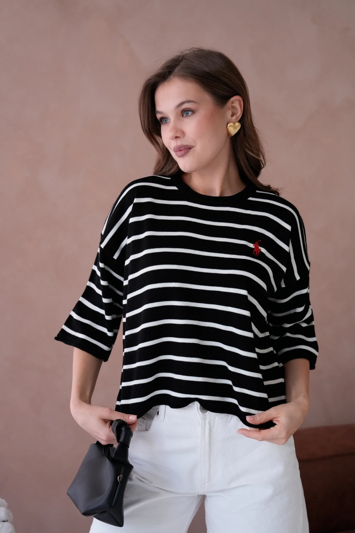 Kadın Bisiklet Yaka Kısa Kol Çizgili Triko Kazak 10076