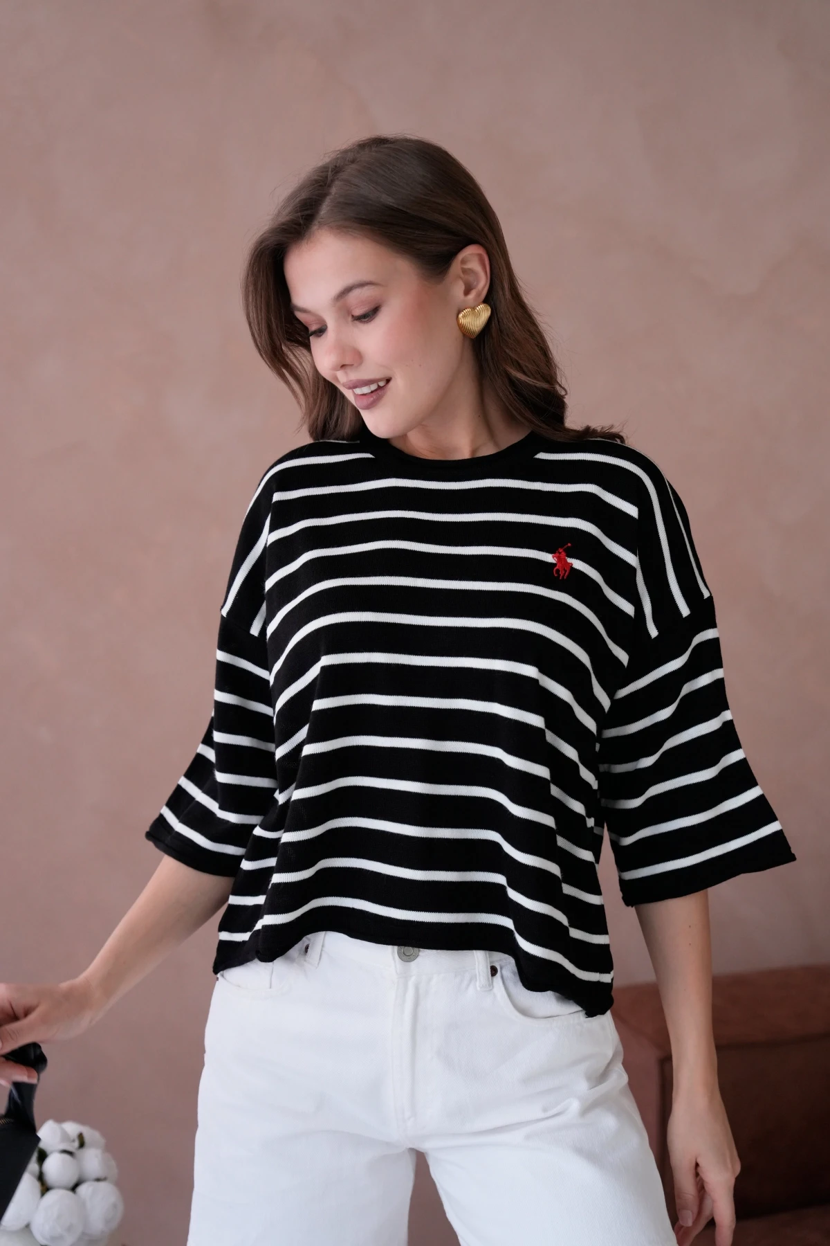 Kadın Bisiklet Yaka Kısa Kol Çizgili Triko Kazak 10076