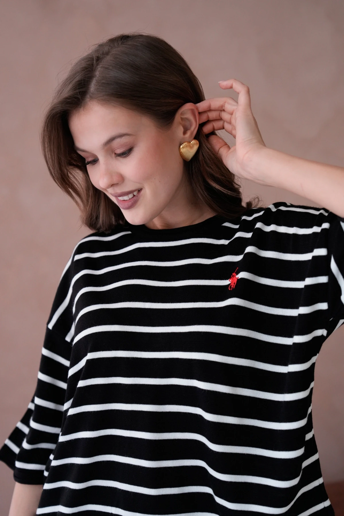 Kadın Bisiklet Yaka Kısa Kol Çizgili Triko Kazak 10076