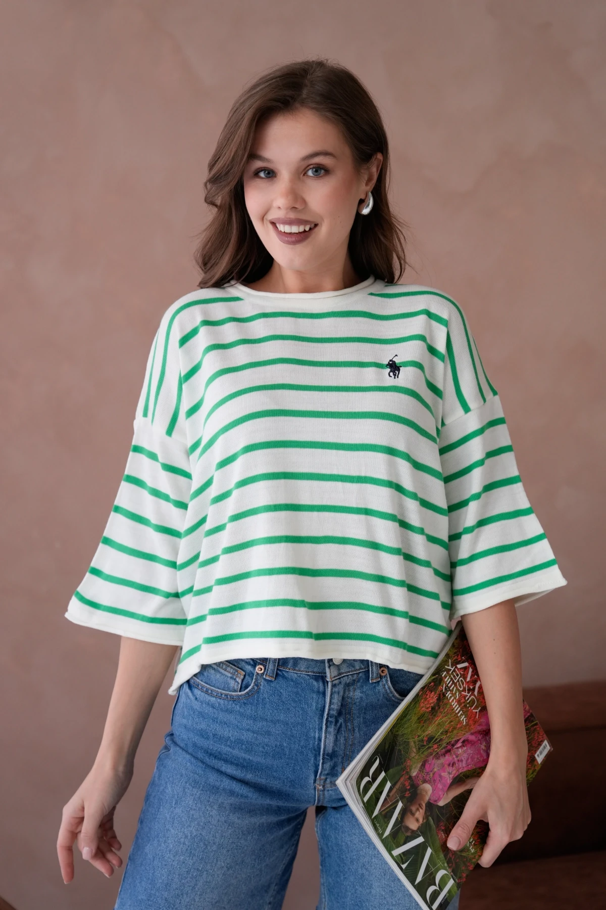 Kadın Bisiklet Yaka Kısa Kol Çizgili Triko Kazak 10076