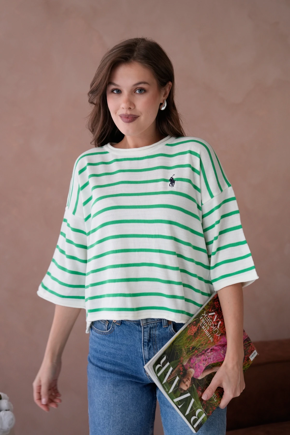 Kadın Bisiklet Yaka Kısa Kol Çizgili Triko Kazak 10076