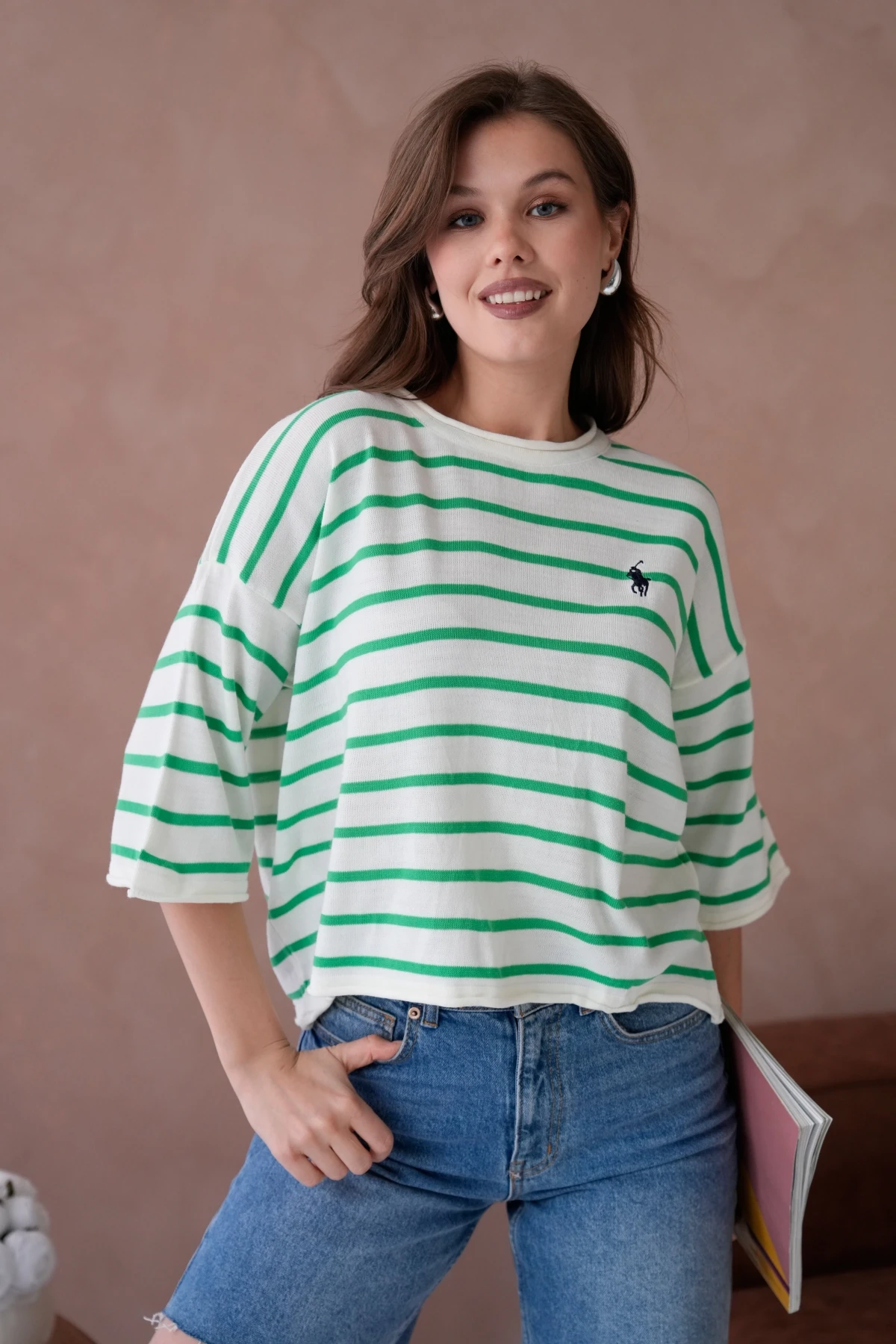 Kadın Bisiklet Yaka Kısa Kol Çizgili Triko Kazak 10076