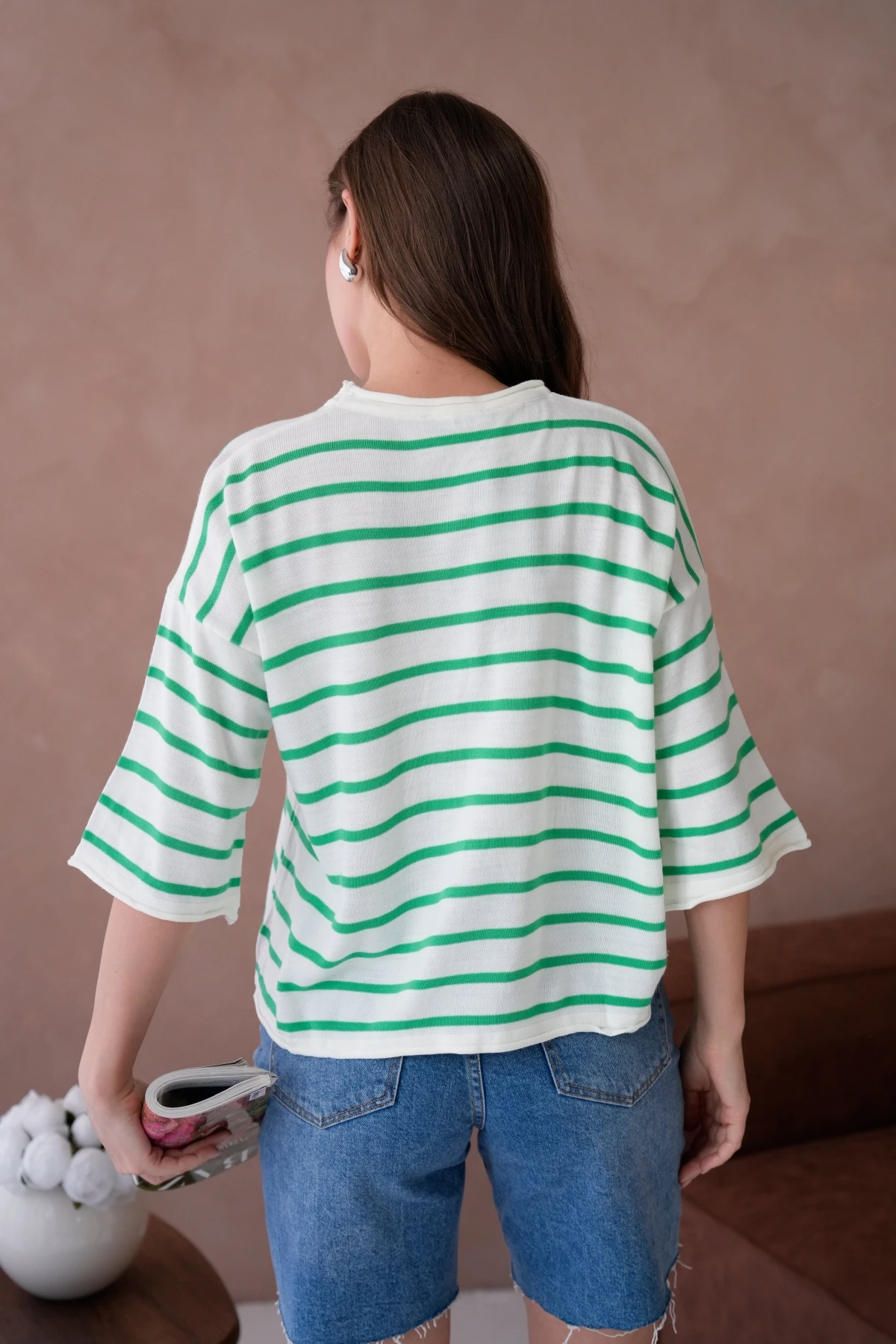 Kadın Bisiklet Yaka Kısa Kol Çizgili Triko Kazak 10076