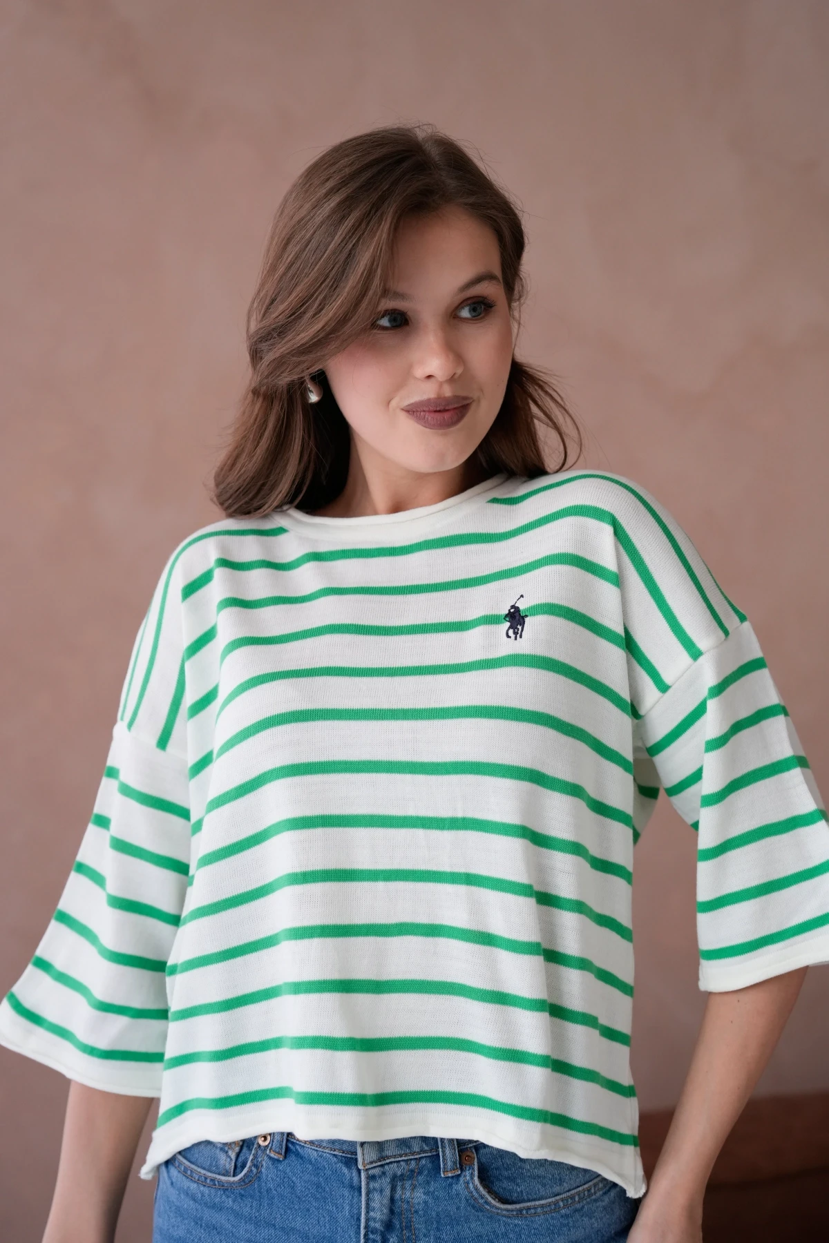 Kadın Bisiklet Yaka Kısa Kol Çizgili Triko Kazak 10076